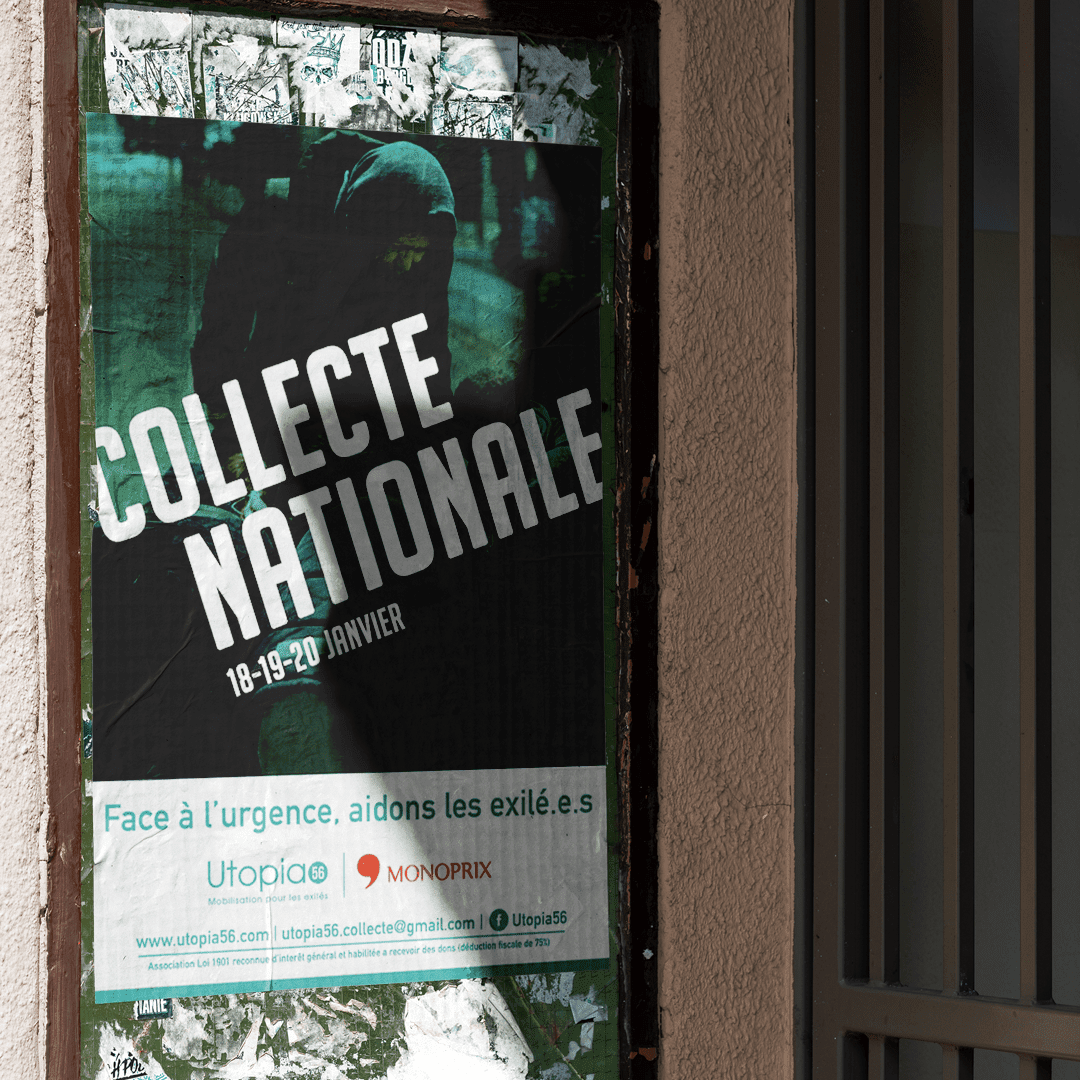 Création graphique d'affiches pour l’association Utopia56 dans le cadre de collectes dans les enseignes Monoprix et Décathlon.